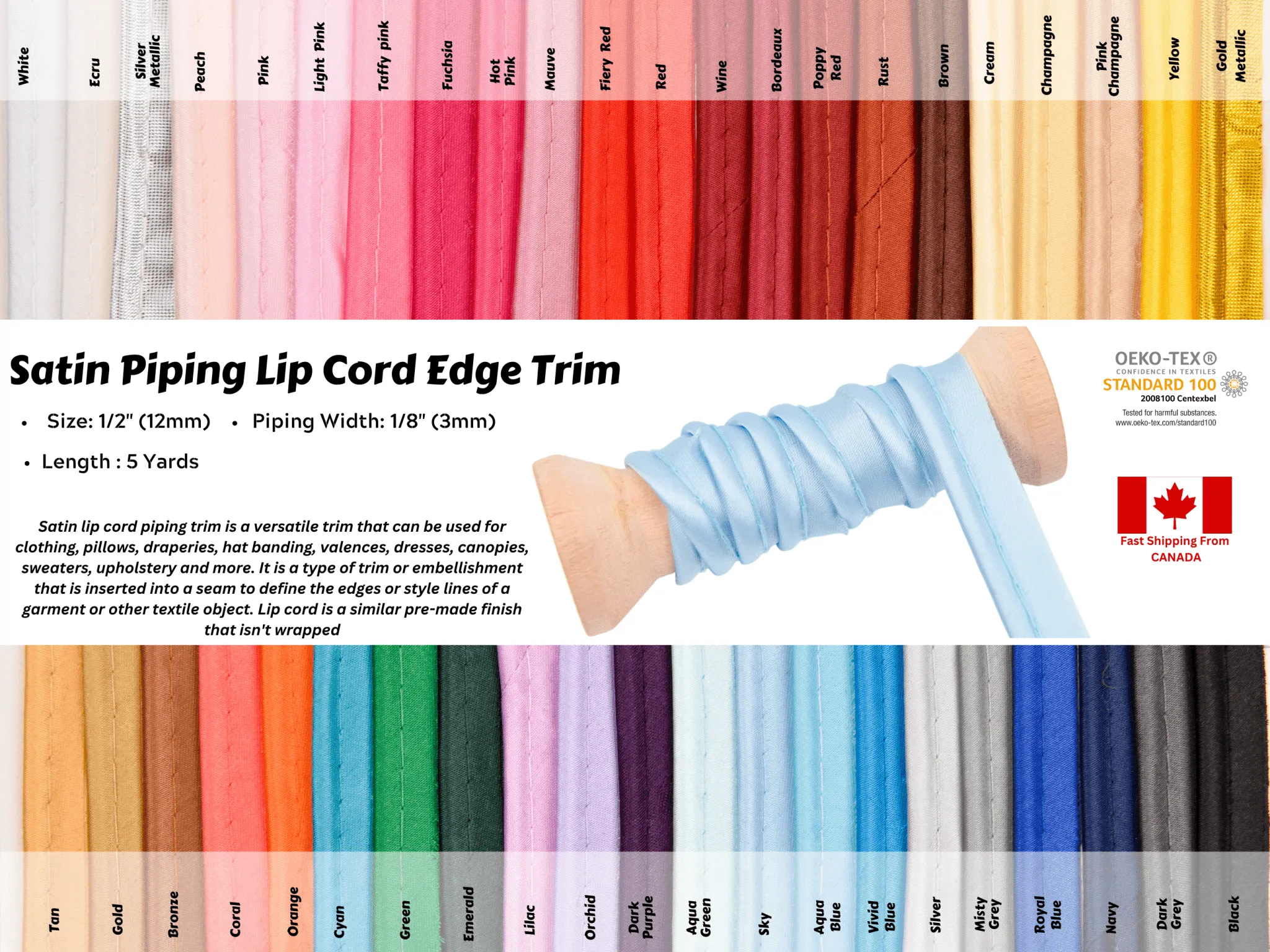 12mm Satin Piping Lip Cord Edge Trim - 3mm Width