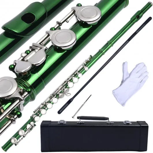 16 Hole C Flute for Student Beginner School Band 8 Colors w/ Case New-Green