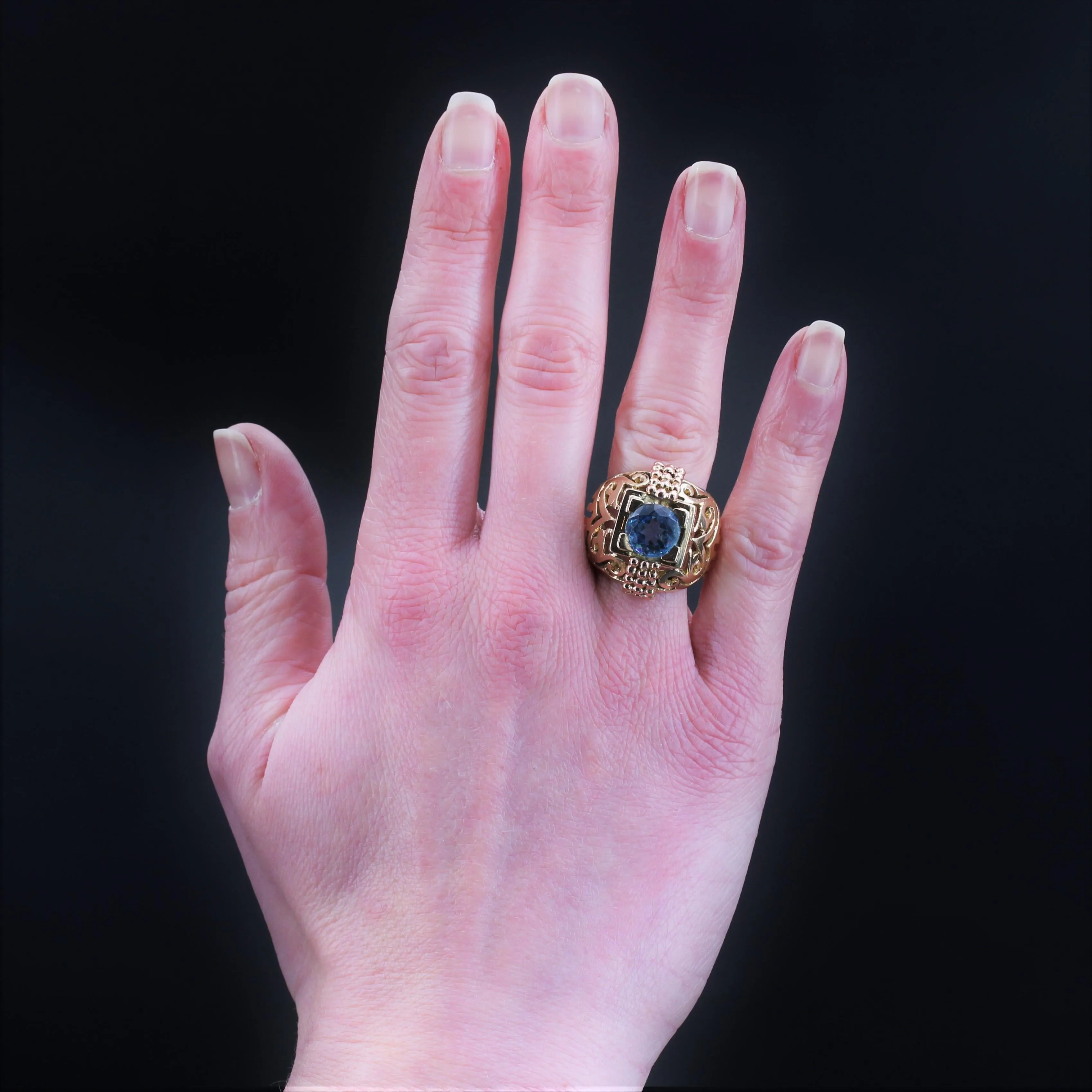 1960s 2.65 Carat Aquamarine 18 Karat Yellow Gold Openwork Dome Ring