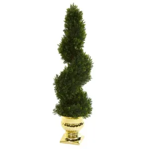 27" Cedar Spiral Artificial Topiary Tree in Gold Urn (Indoor/Outdoor)