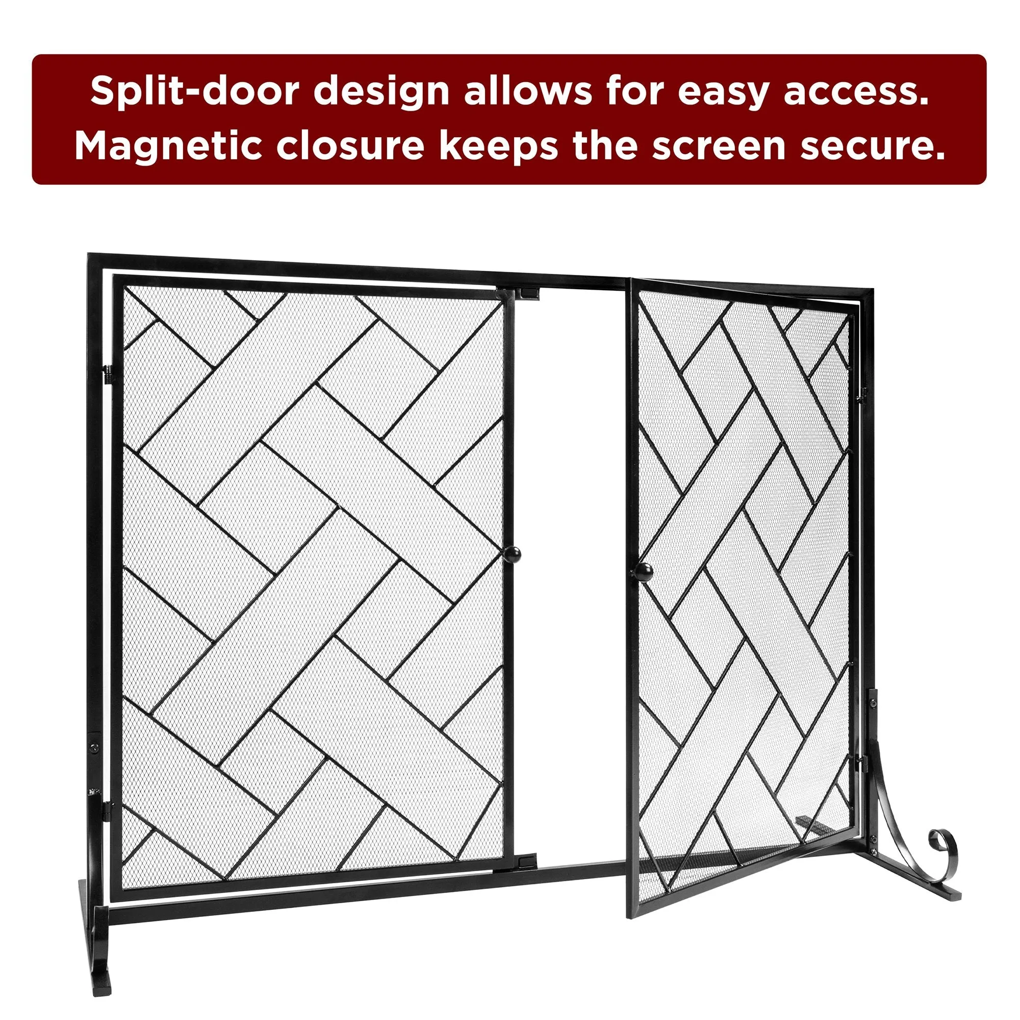 44x33in 2-Panel Wrought Iron Geometric Fireplace Screen w/ Magnetic Doors