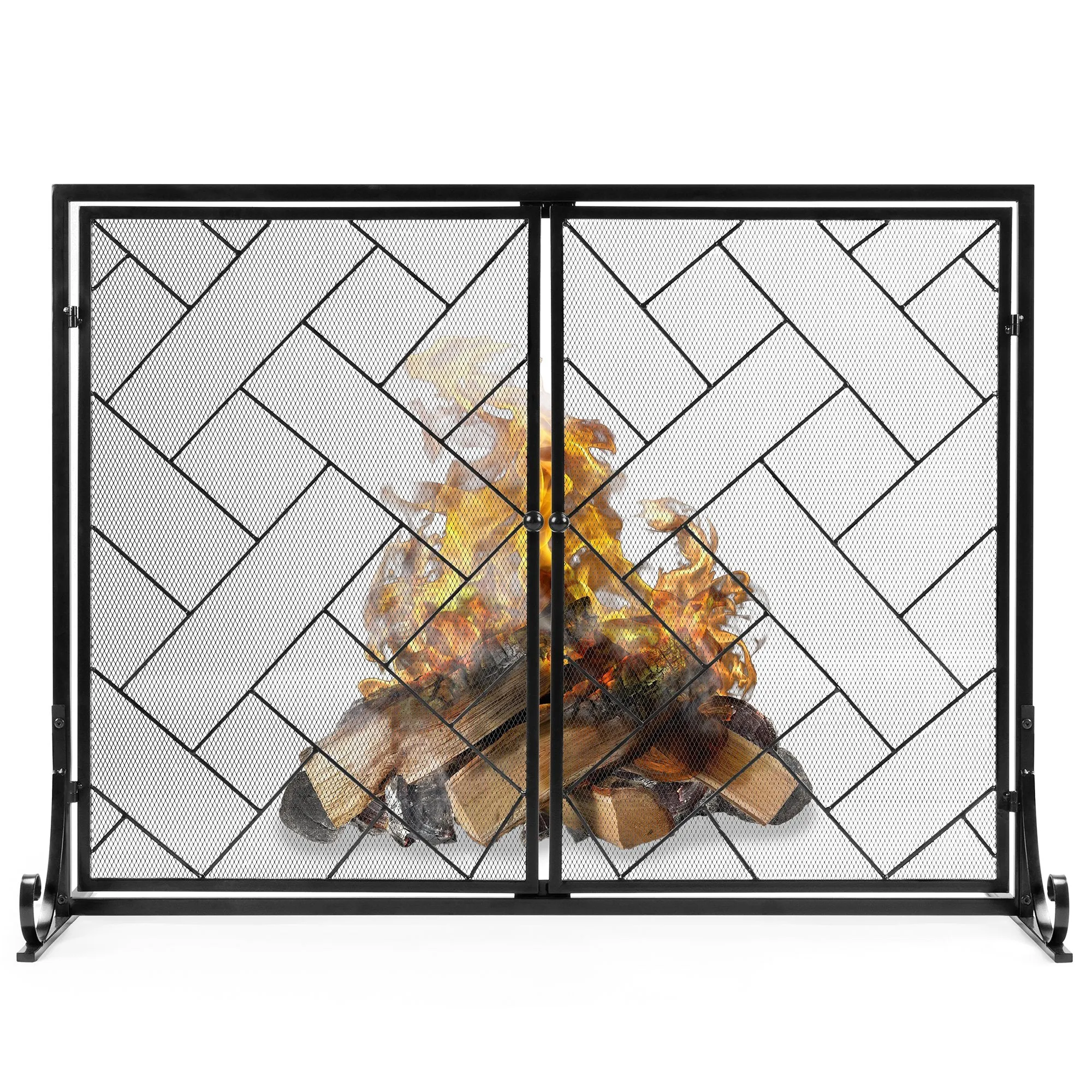 44x33in 2-Panel Wrought Iron Geometric Fireplace Screen w/ Magnetic Doors