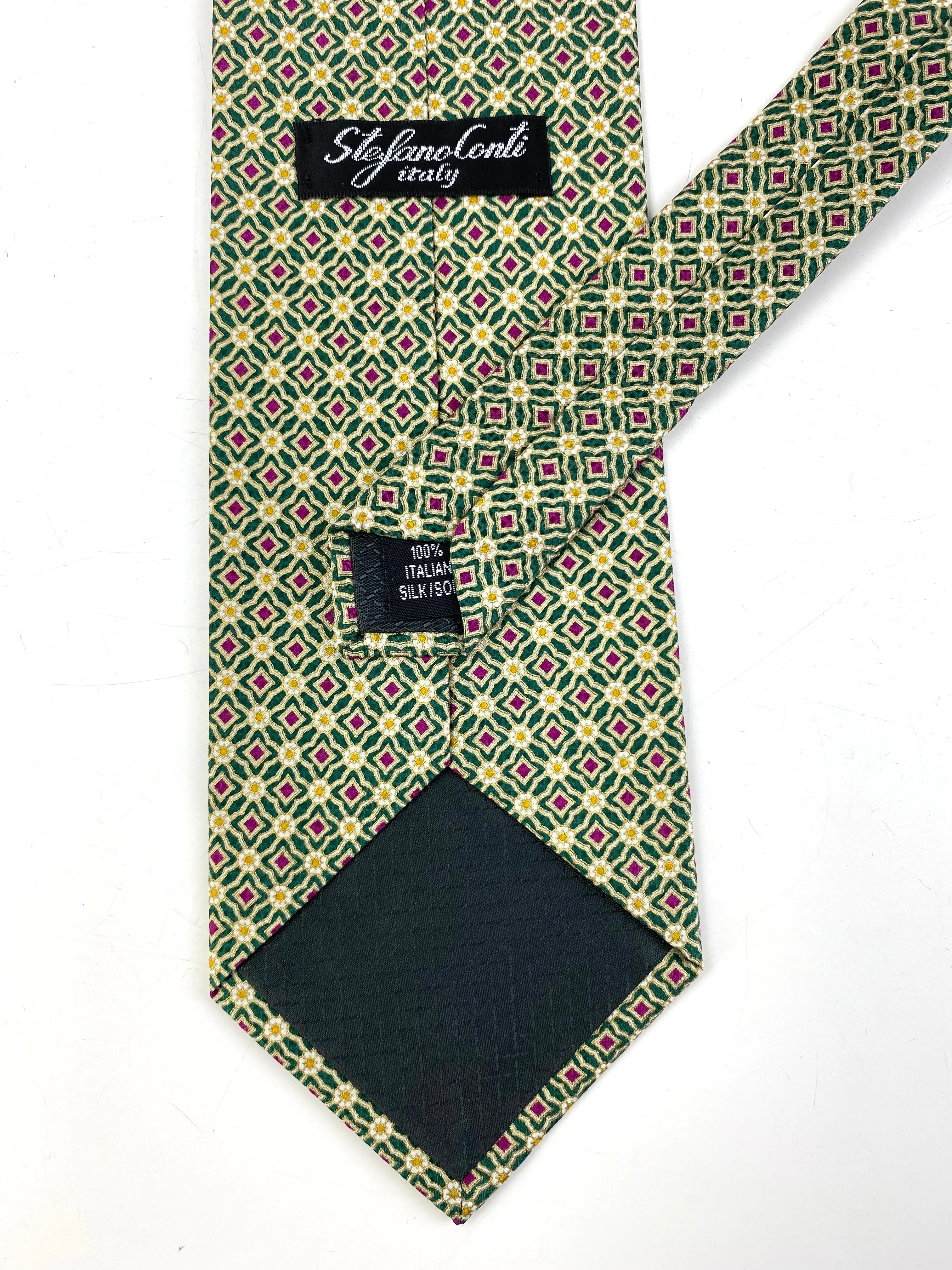 90s Deadstock Silk Necktie, Men's Vintage Green/ Purple/ Gold Quatrefoil Floral Pattern Tie, NOS