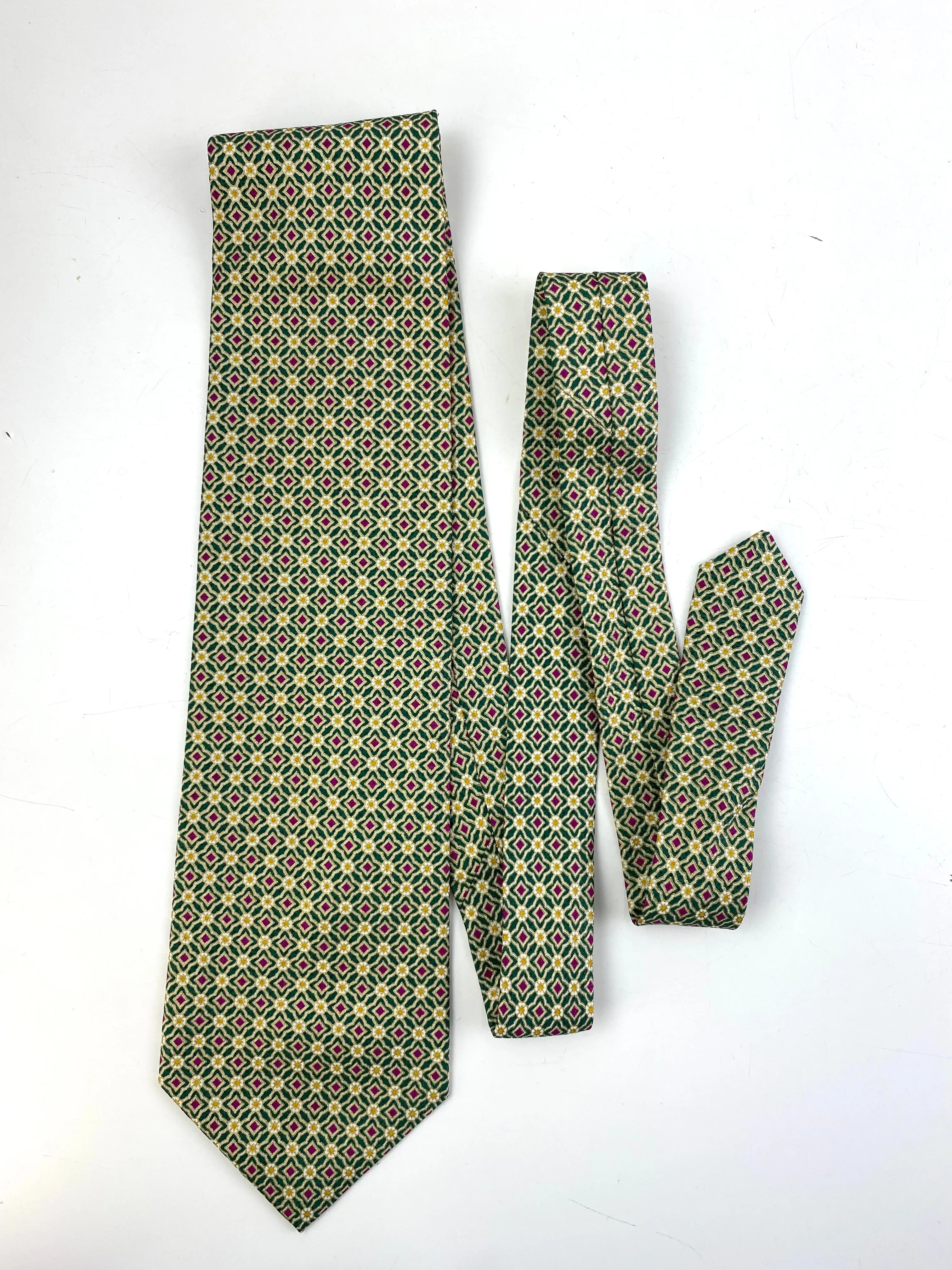 90s Deadstock Silk Necktie, Men's Vintage Green/ Purple/ Gold Quatrefoil Floral Pattern Tie, NOS