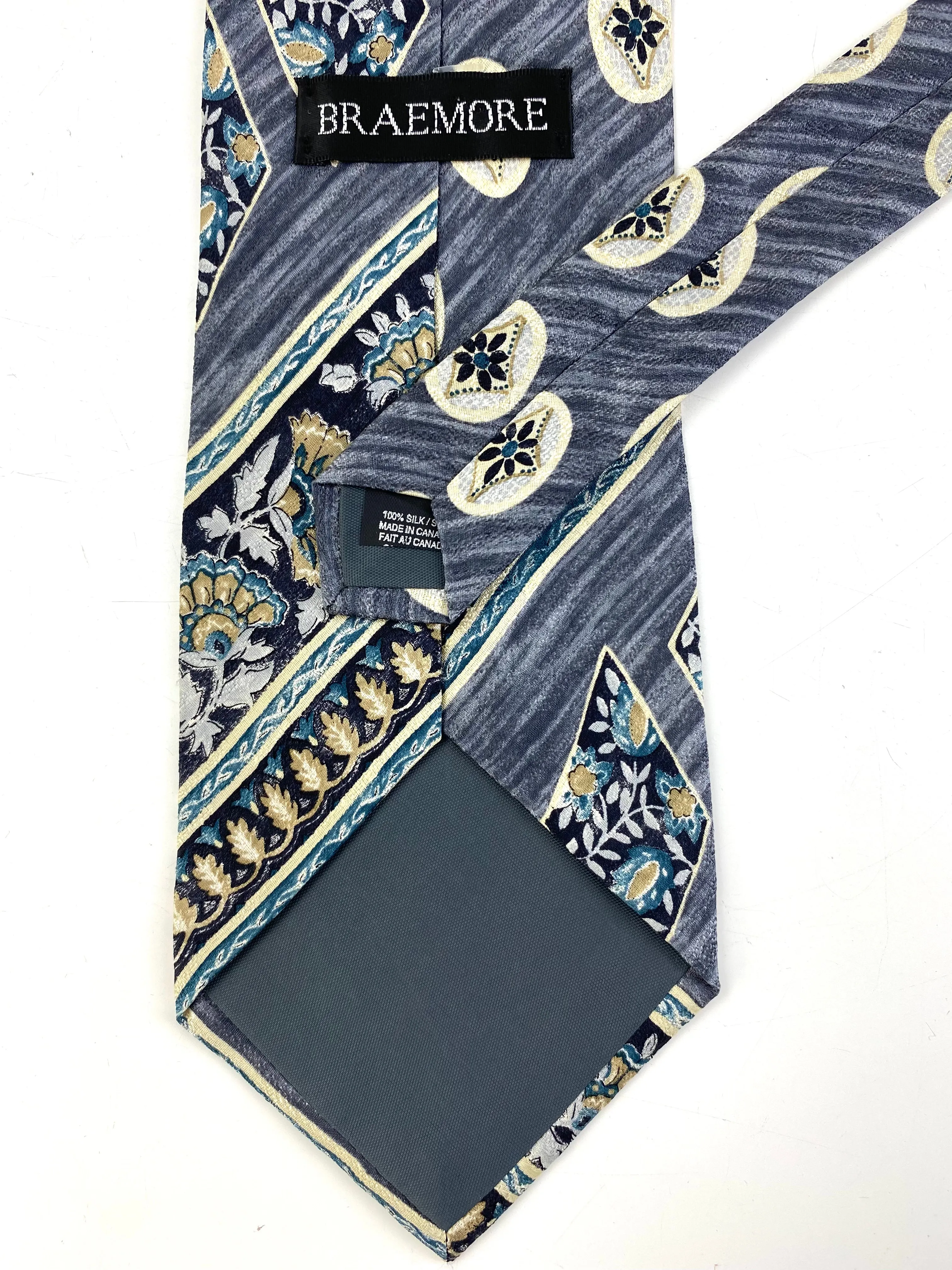 90s Deadstock Silk Necktie, Men's Vintage Grey/ Teal Abstract Botanical Pattern Tie, NOS