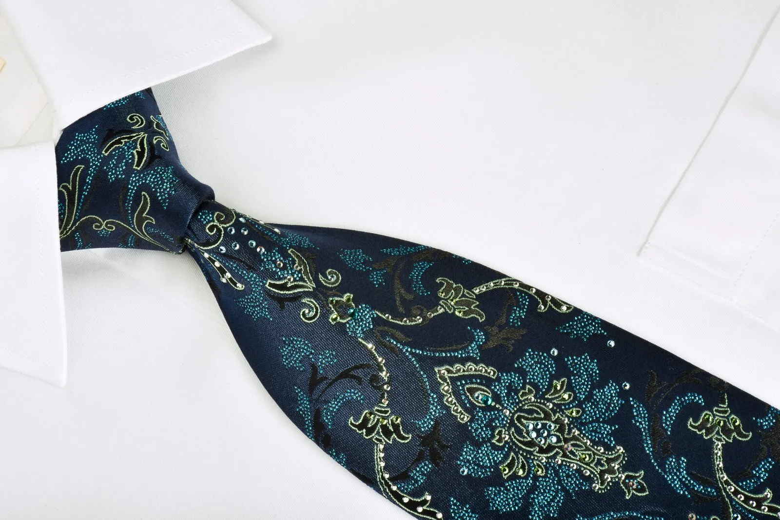 Andre Kim Rhinestone Silk Tie Green Turquoise Damask On Blue With Turquoise Sparkles