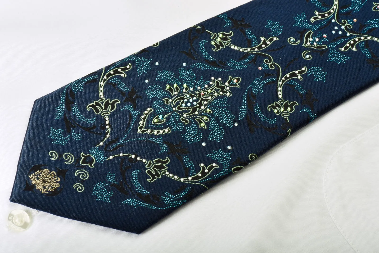 Andre Kim Rhinestone Silk Tie Green Turquoise Damask On Blue With Turquoise Sparkles