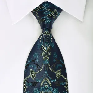 Andre Kim Rhinestone Silk Tie Green Turquoise Damask On Blue With Turquoise Sparkles