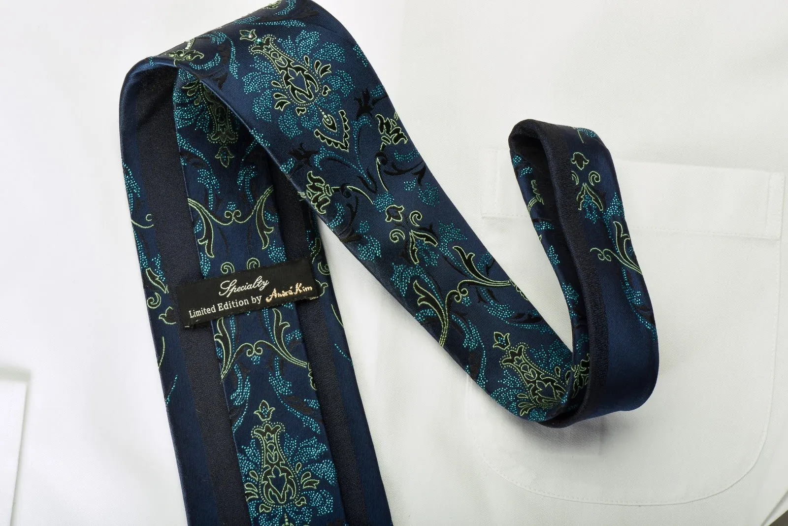 Andre Kim Rhinestone Silk Tie Green Turquoise Damask On Blue With Turquoise Sparkles