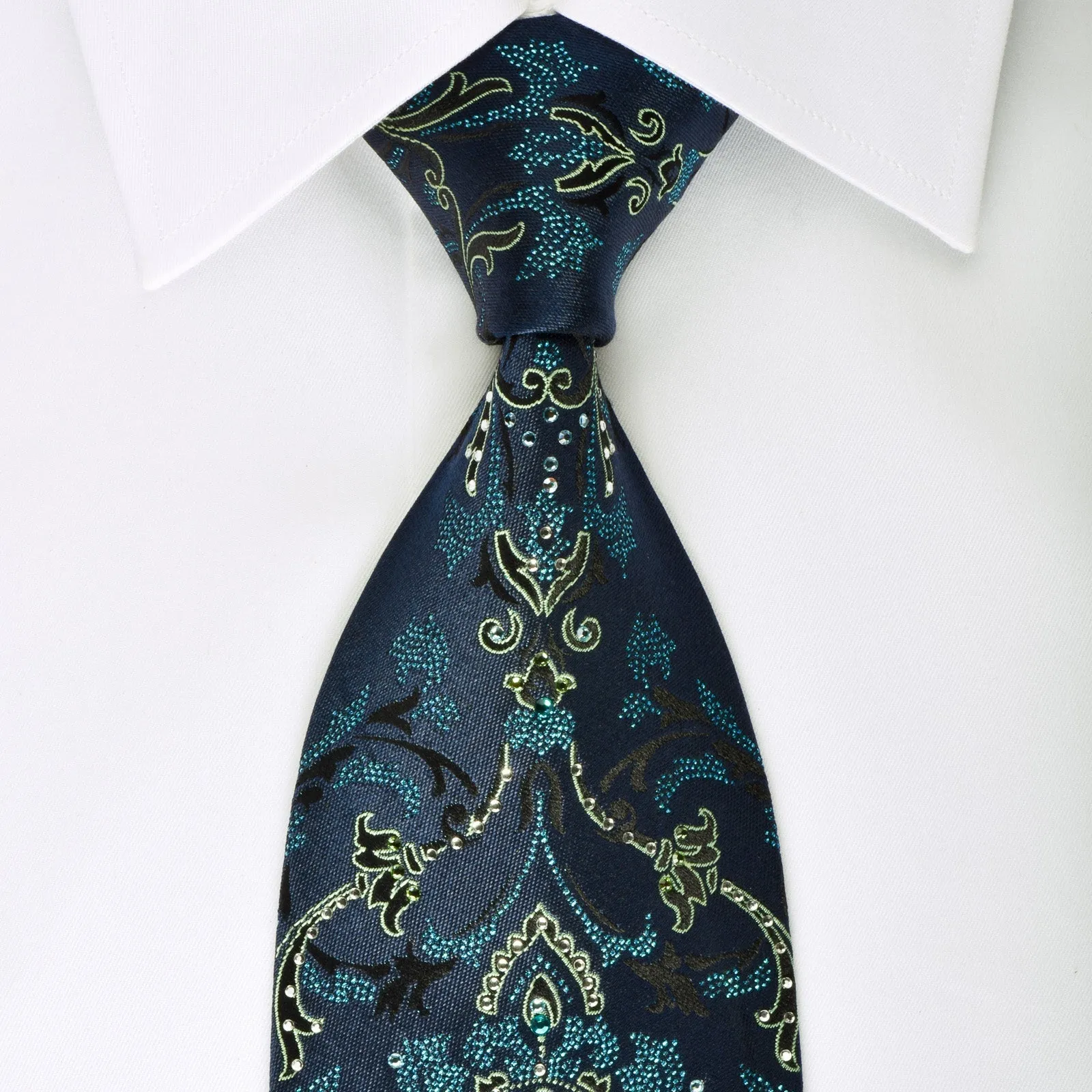 Andre Kim Rhinestone Silk Tie Green Turquoise Damask On Blue With Turquoise Sparkles