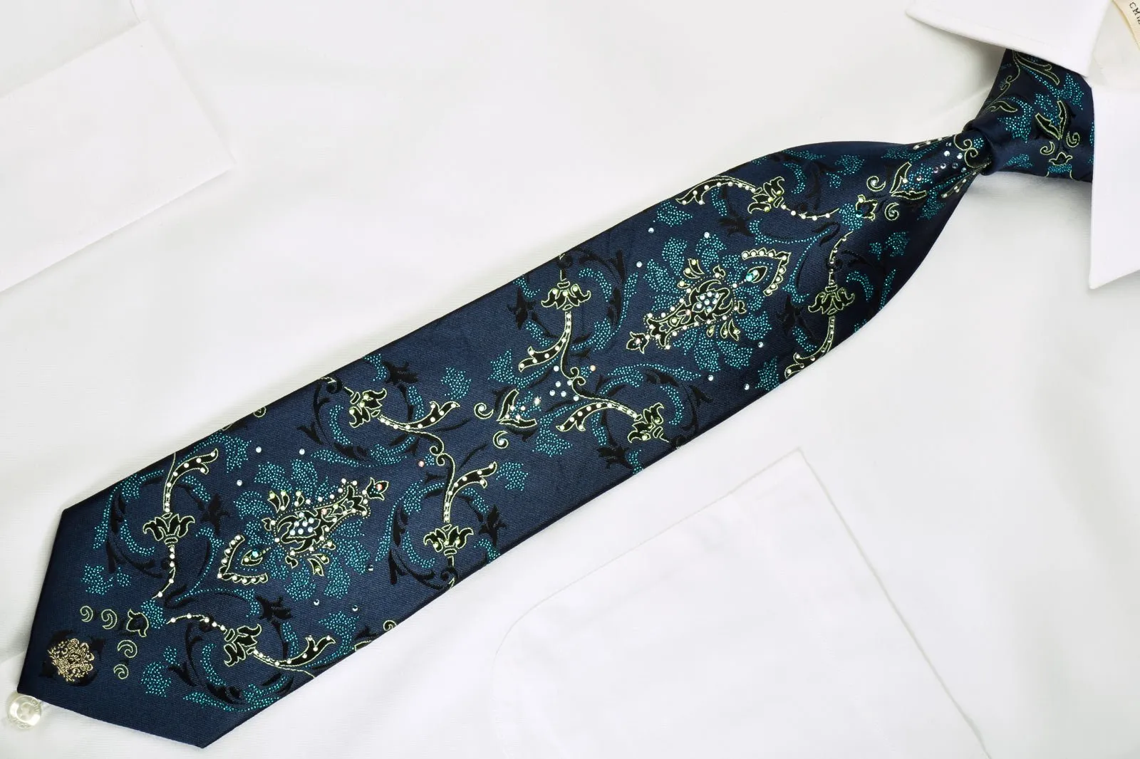 Andre Kim Rhinestone Silk Tie Green Turquoise Damask On Blue With Turquoise Sparkles