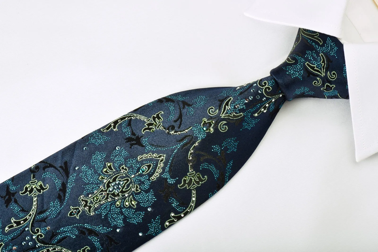 Andre Kim Rhinestone Silk Tie Green Turquoise Damask On Blue With Turquoise Sparkles