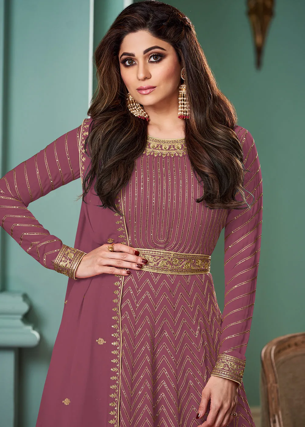 Baby Pink Belt Style Anarkali Featuring Shamita Shetty