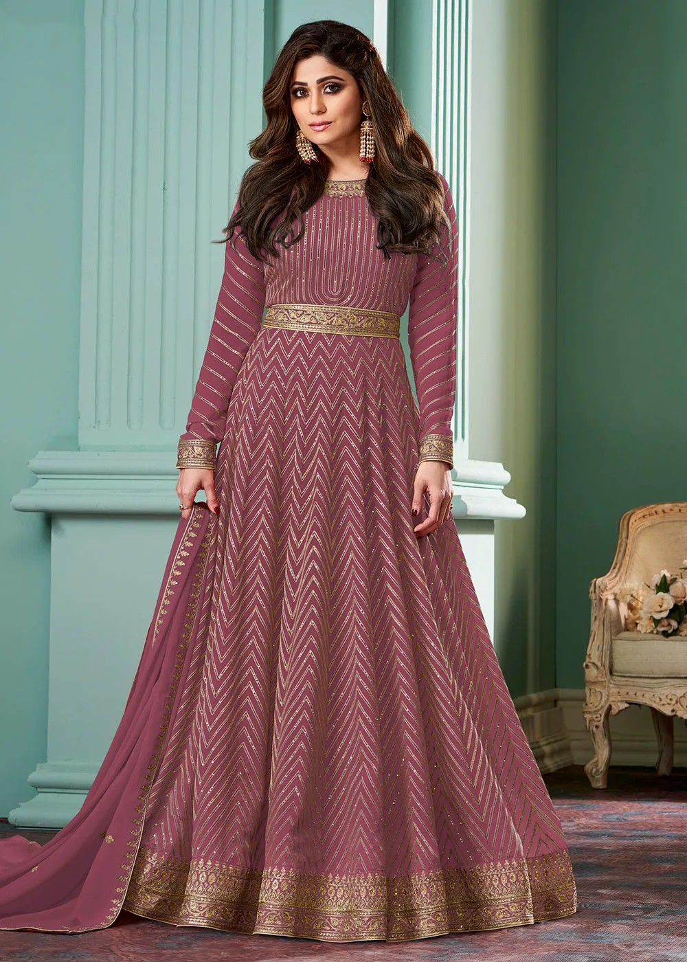 Baby Pink Belt Style Anarkali Featuring Shamita Shetty