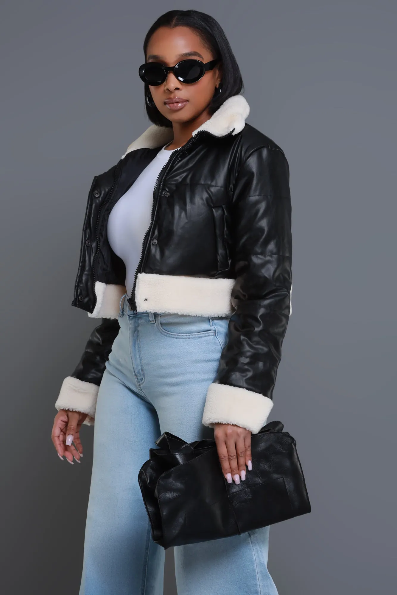 Be Still Cropped Faux Leather Sherpa Jacket - Black/Ivory