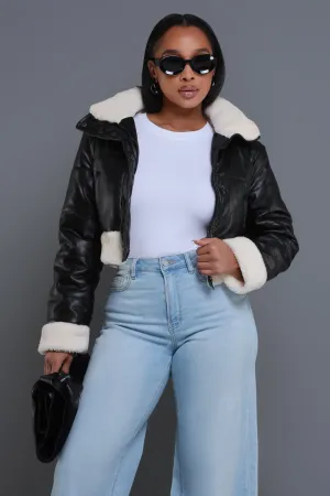 Be Still Cropped Faux Leather Sherpa Jacket - Black/Ivory