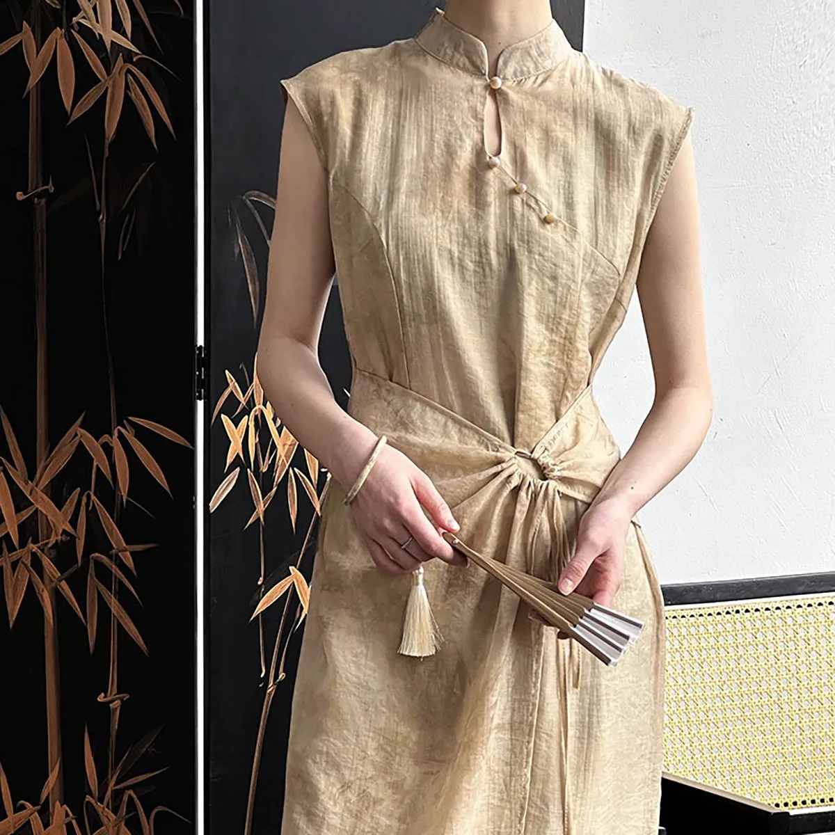 Beige Linen Chinese Sleeveless Dress