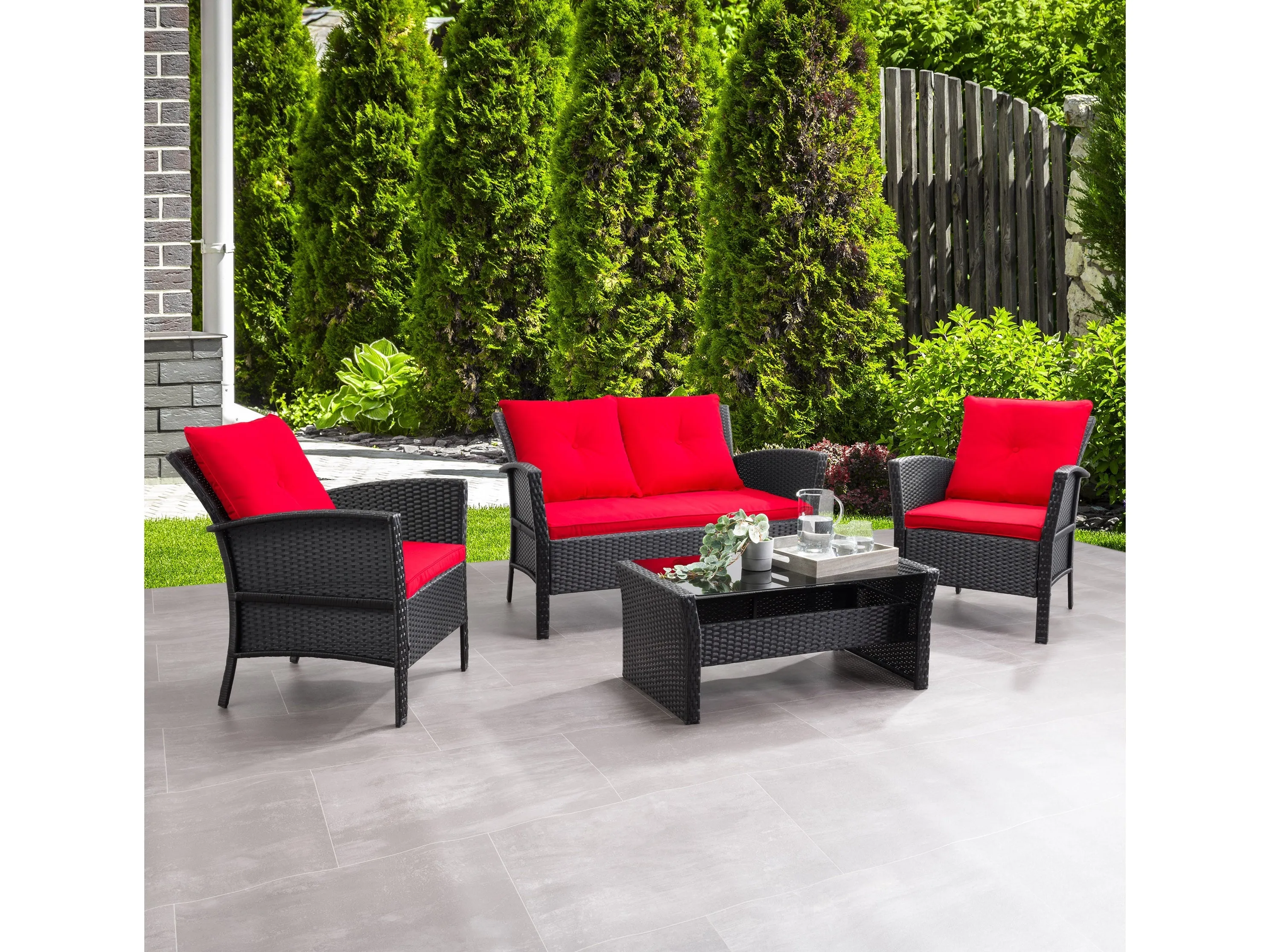 Black and Red Wicker 4pc Patio Set