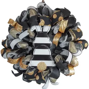 Black and White Easter Wreath - Gold Bunny Design