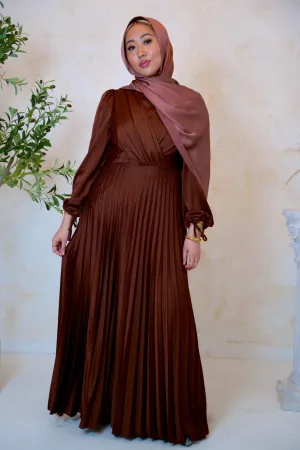 Brown  Criss Cross Pleated Satin Gown