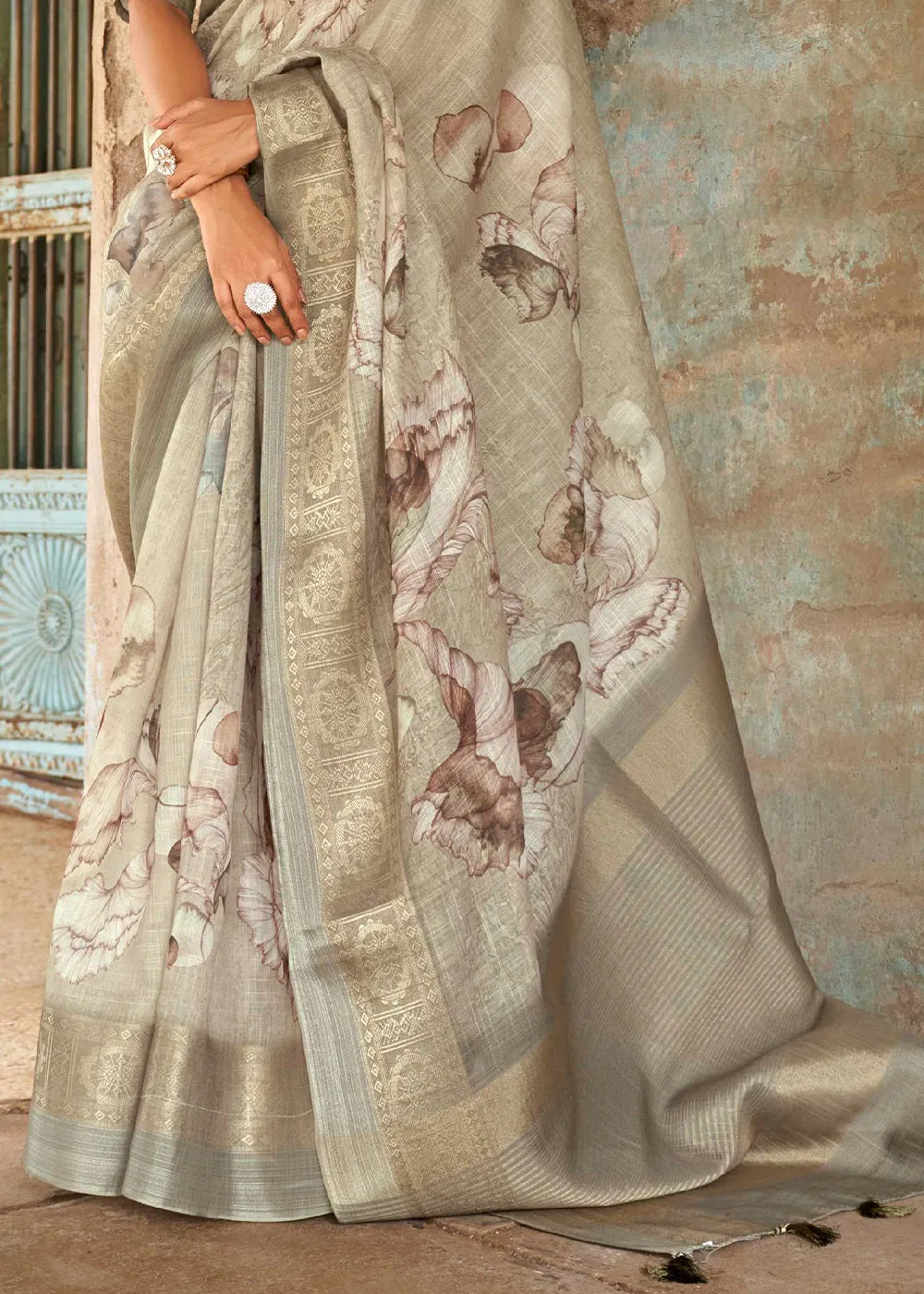 Brownish Grey Floral Printed linen Saree with Zari Border