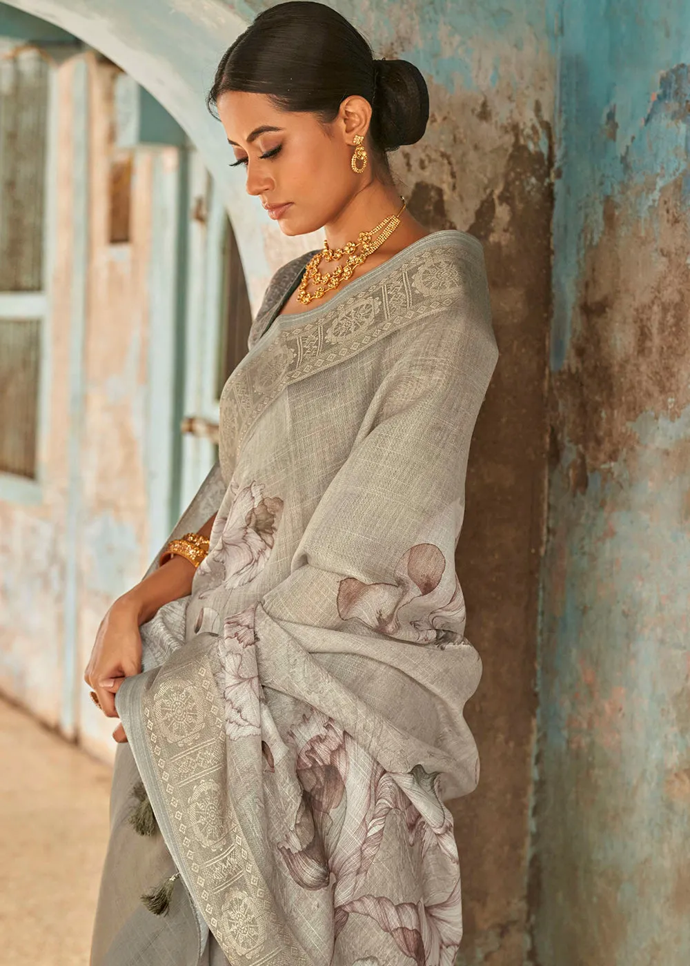 Brownish Grey Floral Printed linen Saree with Zari Border