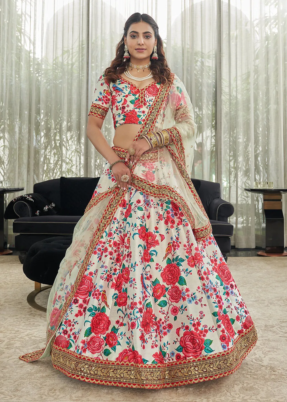 Capricious Off-White Art Silk Floral Printed Lehenga Choli