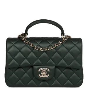 Chanel Mini Rectangular Flap with Top Handle Dark Green Lambskin Light Gold Hardware