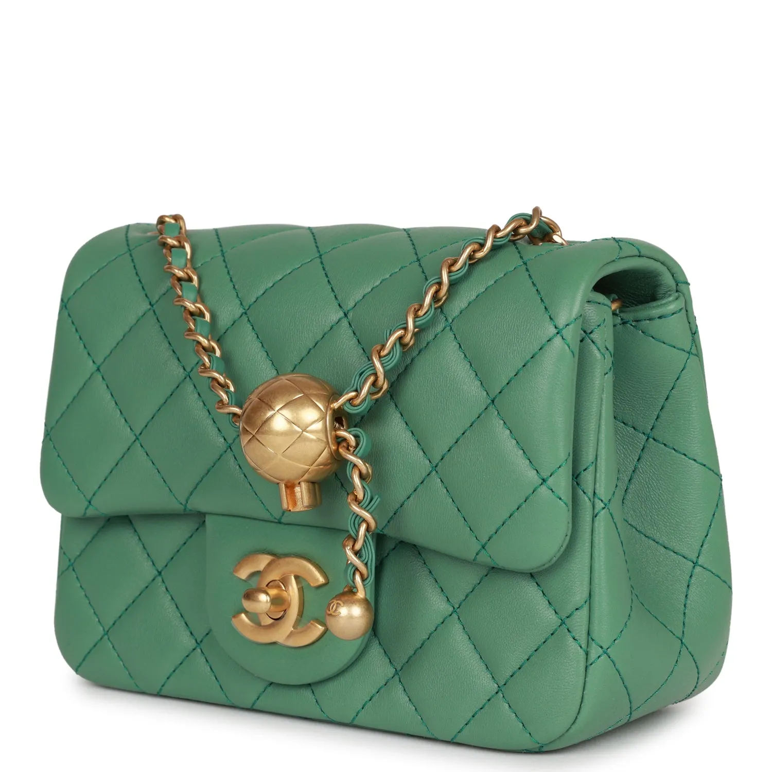 Chanel Pearl Crush Mini Square Flap Bag Dark Green Lambskin Antique Gold Hardware