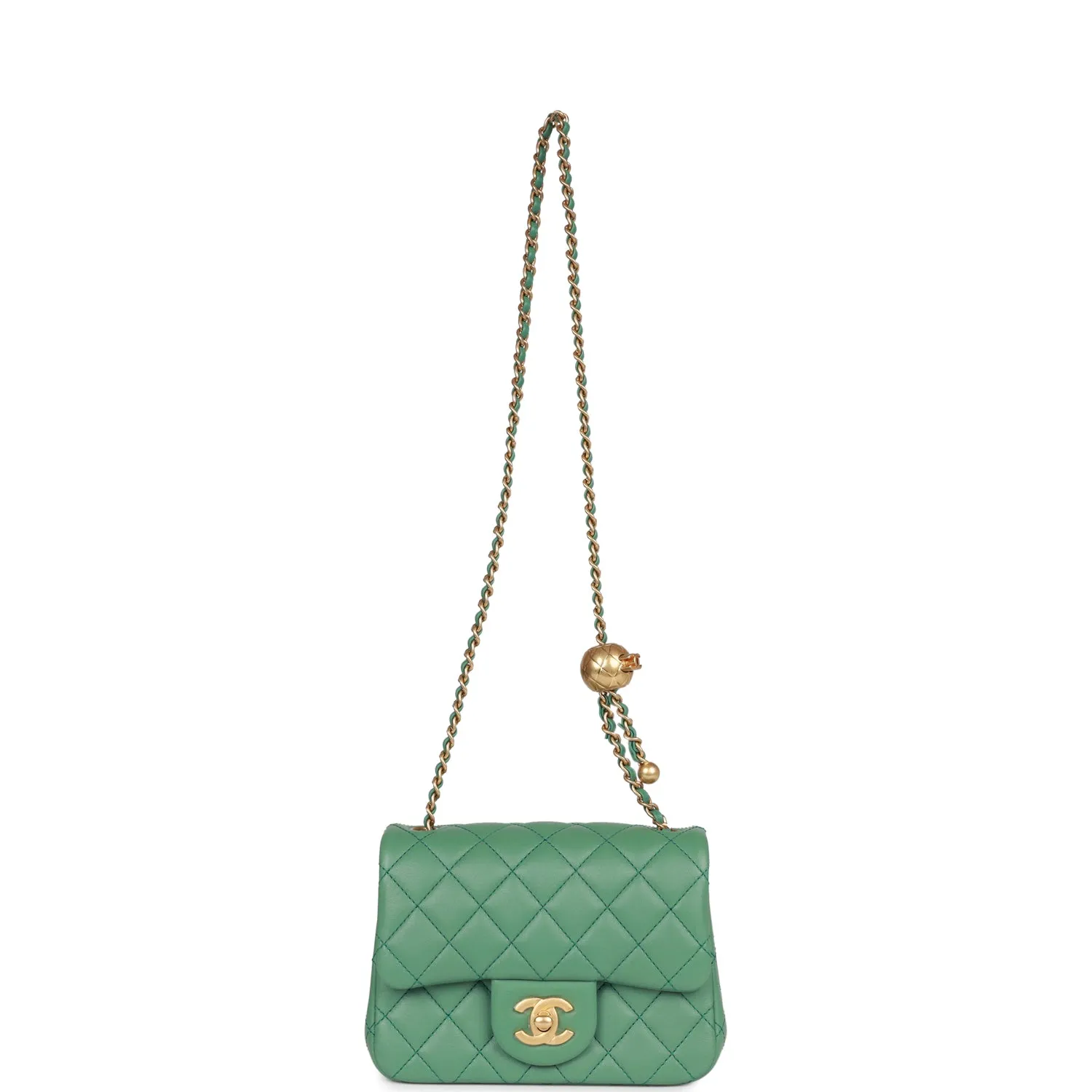 Chanel Pearl Crush Mini Square Flap Bag Dark Green Lambskin Antique Gold Hardware