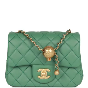 Chanel Pearl Crush Mini Square Flap Bag Dark Green Lambskin Antique Gold Hardware