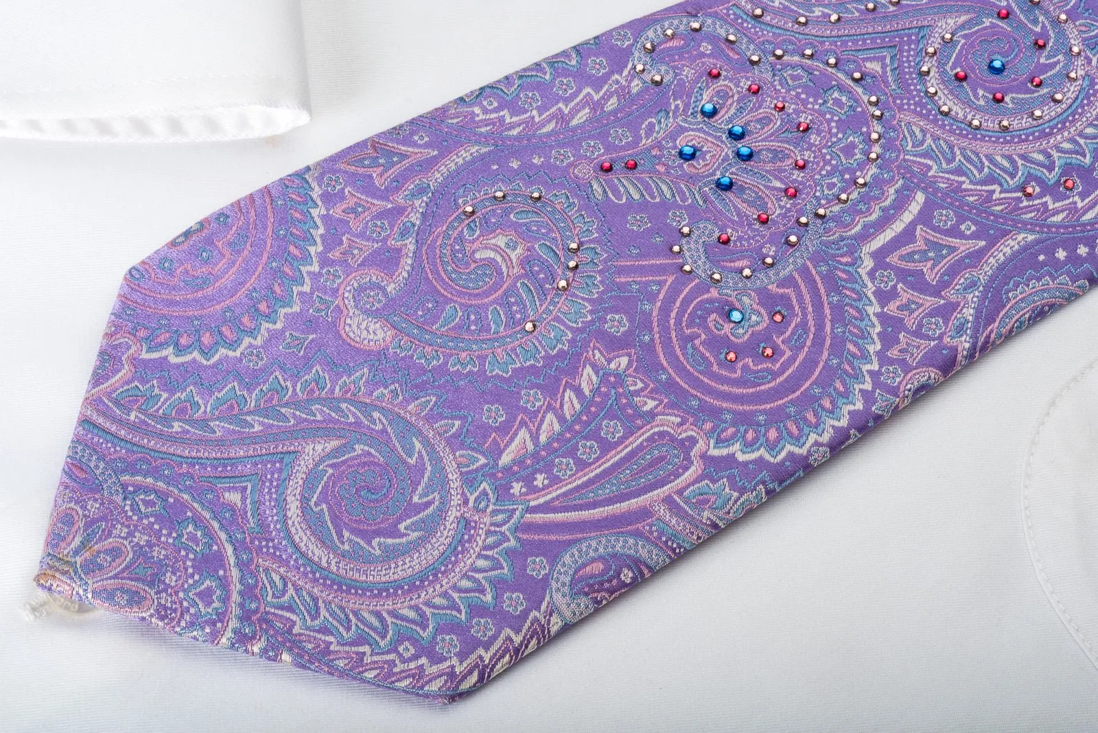 Charles de Alma Silk Necktie Paisley On Mauve With Colorful Rhinestones