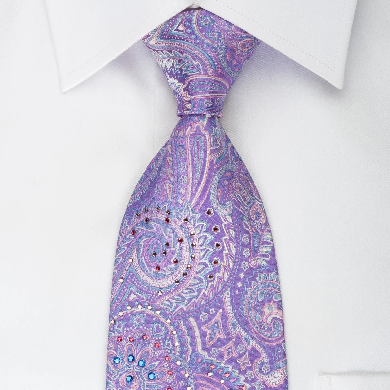 Charles de Alma Silk Necktie Paisley On Mauve With Colorful Rhinestones