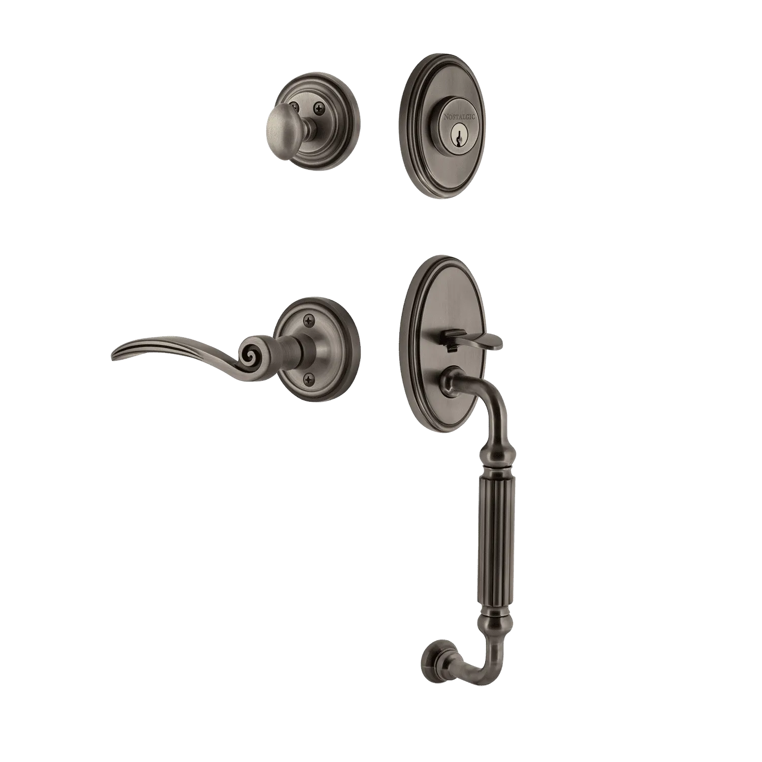 Classic Handleset with F-Grip and Classic Rosette with Swan Lever in Antique Pewter