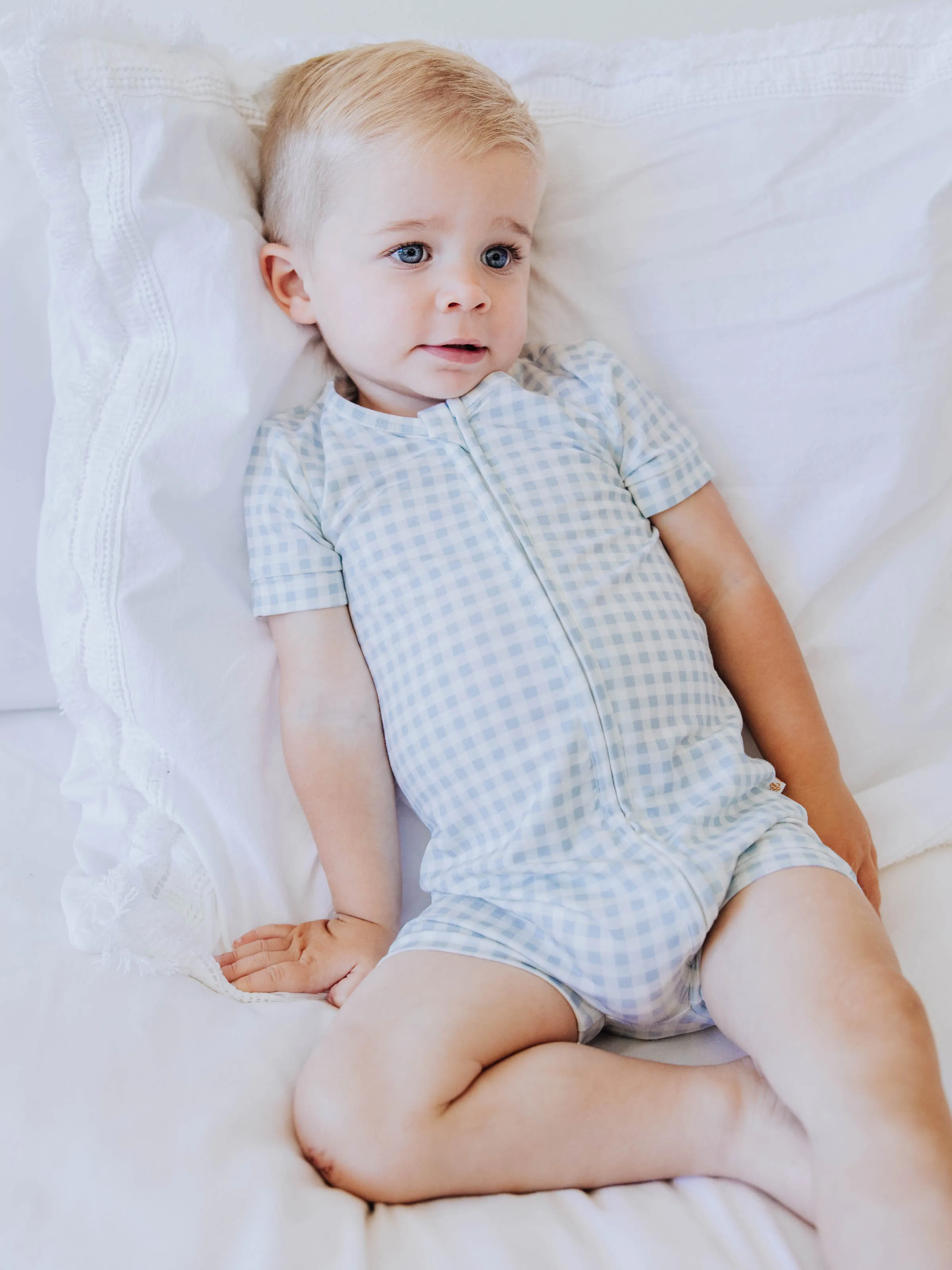 Cloud Shorty Layette - Sky Blue Check