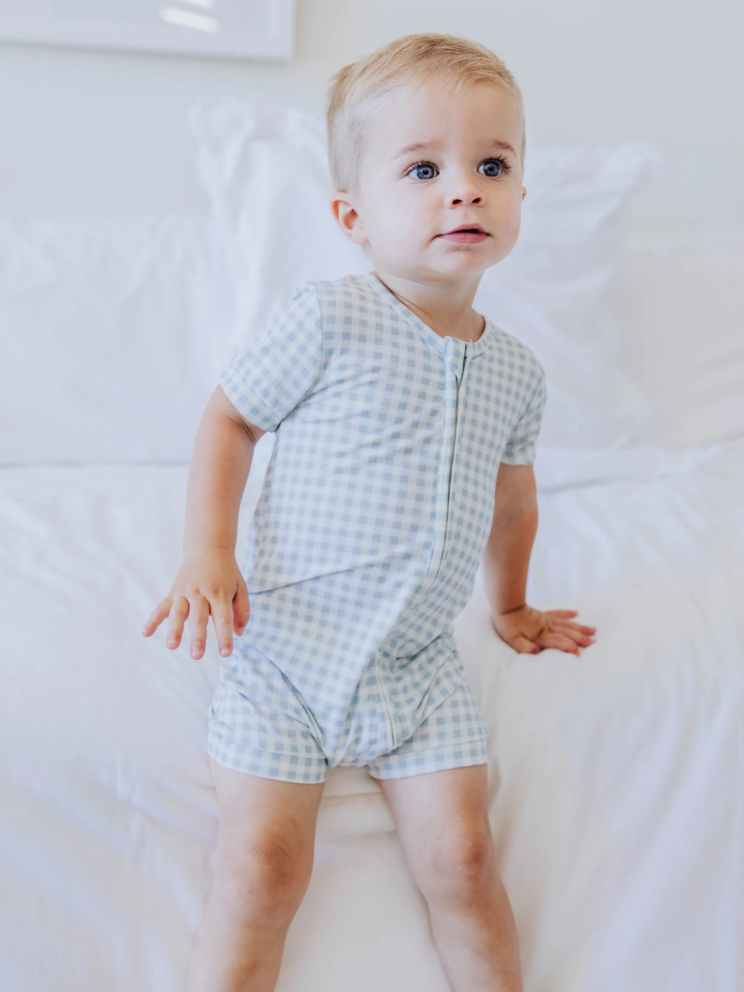 Cloud Shorty Layette - Sky Blue Check