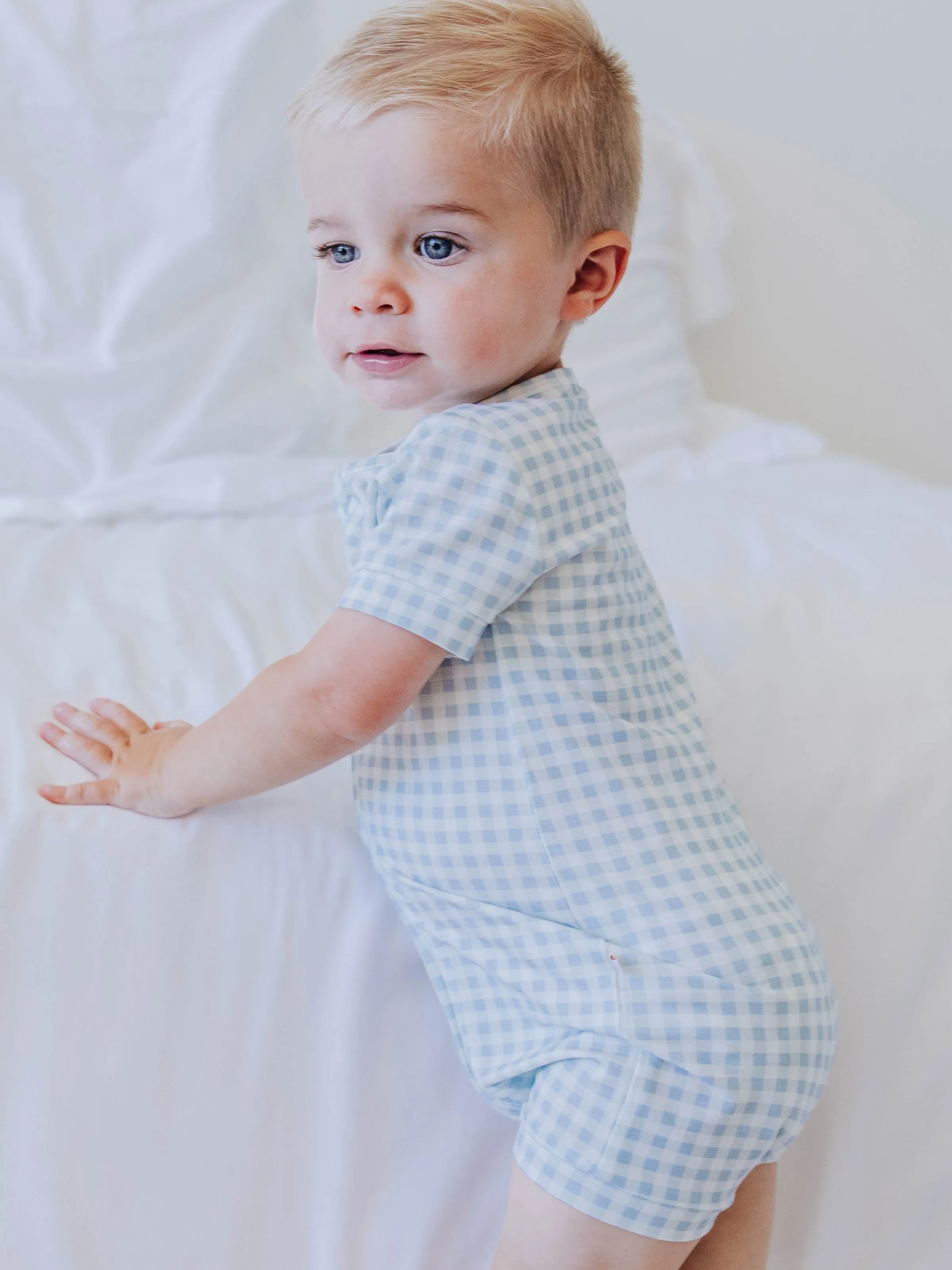 Cloud Shorty Layette - Sky Blue Check