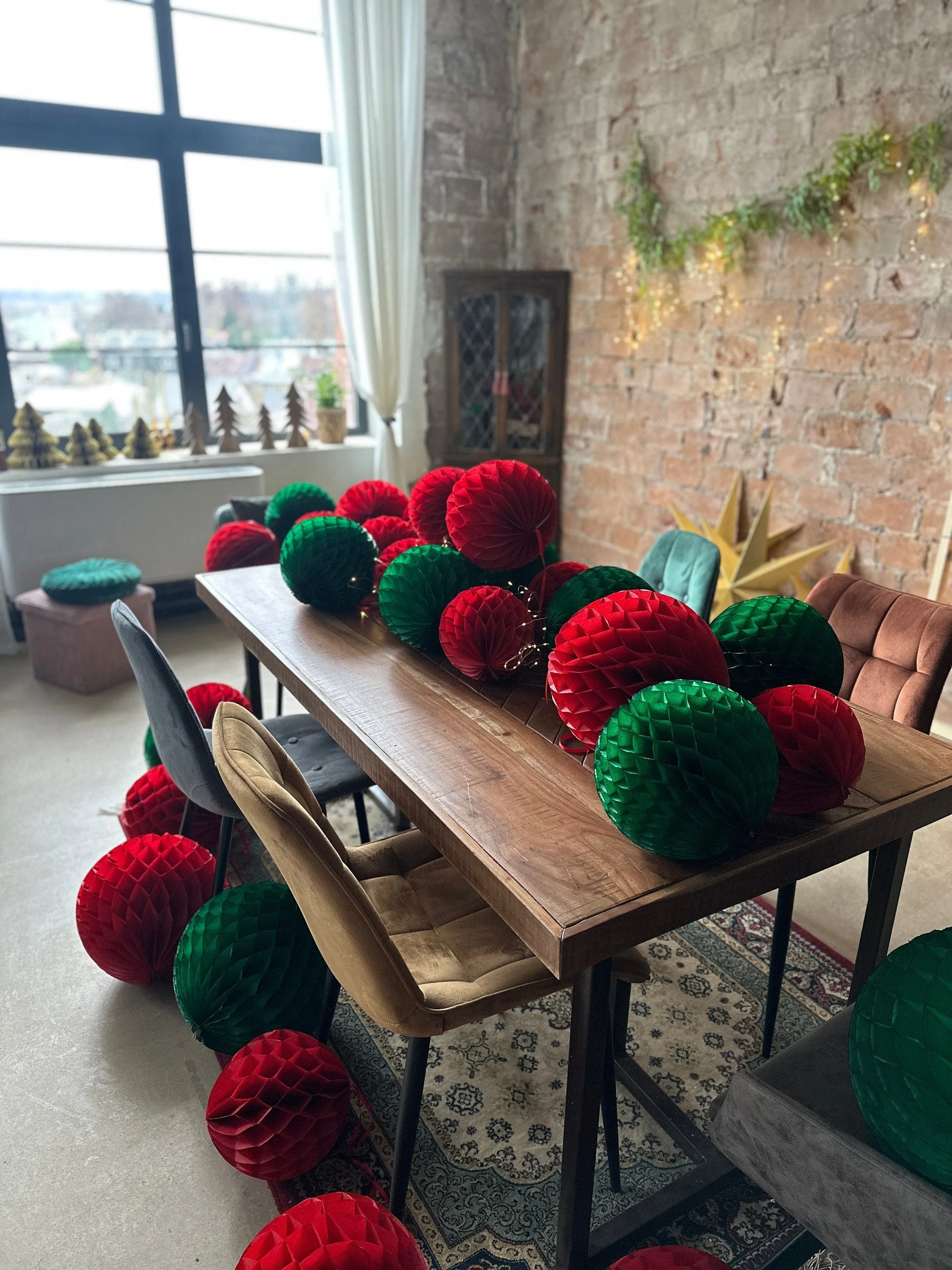 Deep red  and holiday green paper honeycomb balls Red and green Christmas pom poms  birthday Wedding Party Decoration