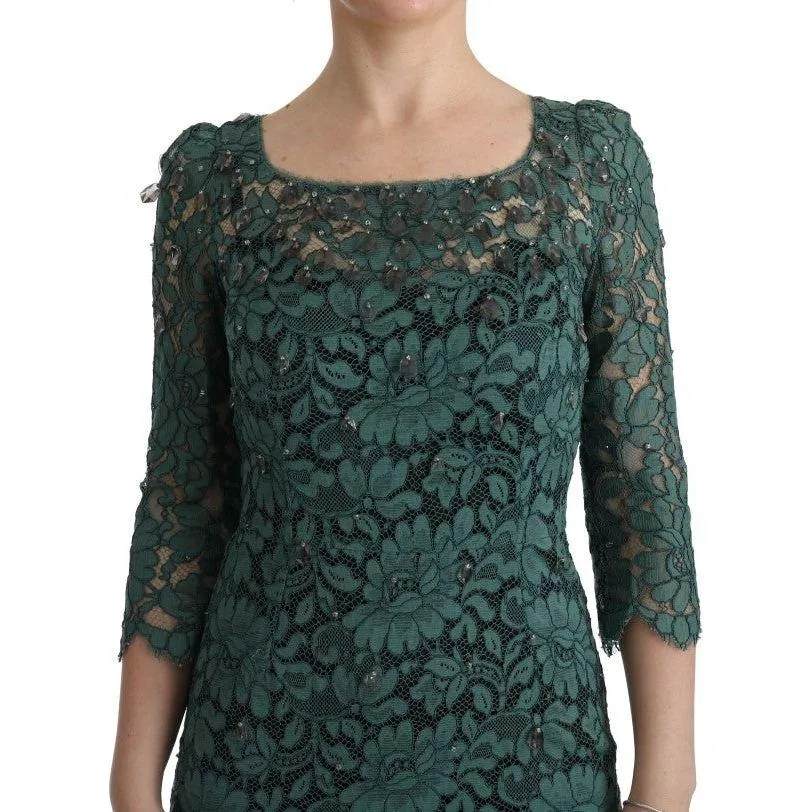 Dolce & Gabbana Elegant Green Crystal Embellished Sheath Dress