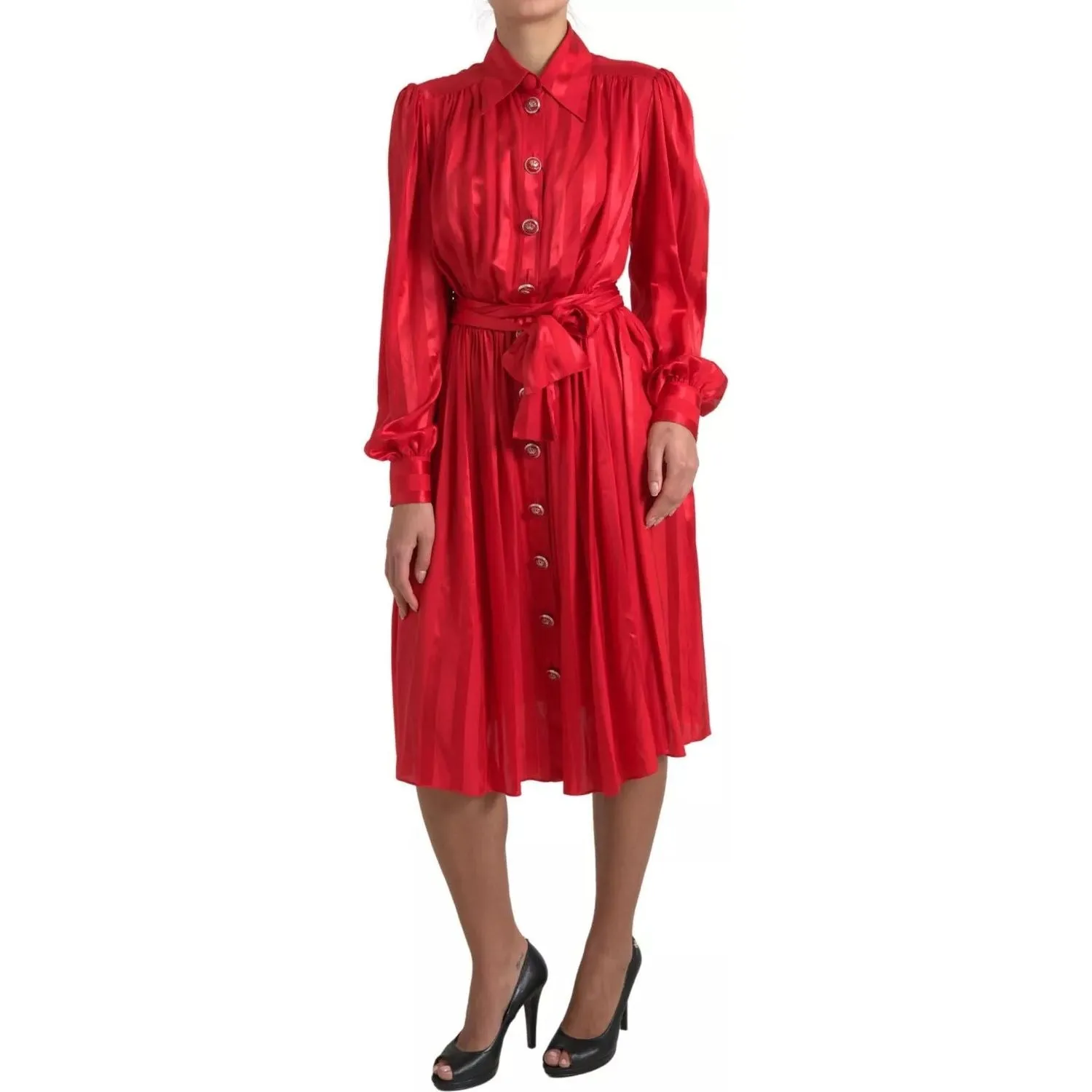 Dolce & Gabbana Elegant Red Silk Midi Dress with Button Detail