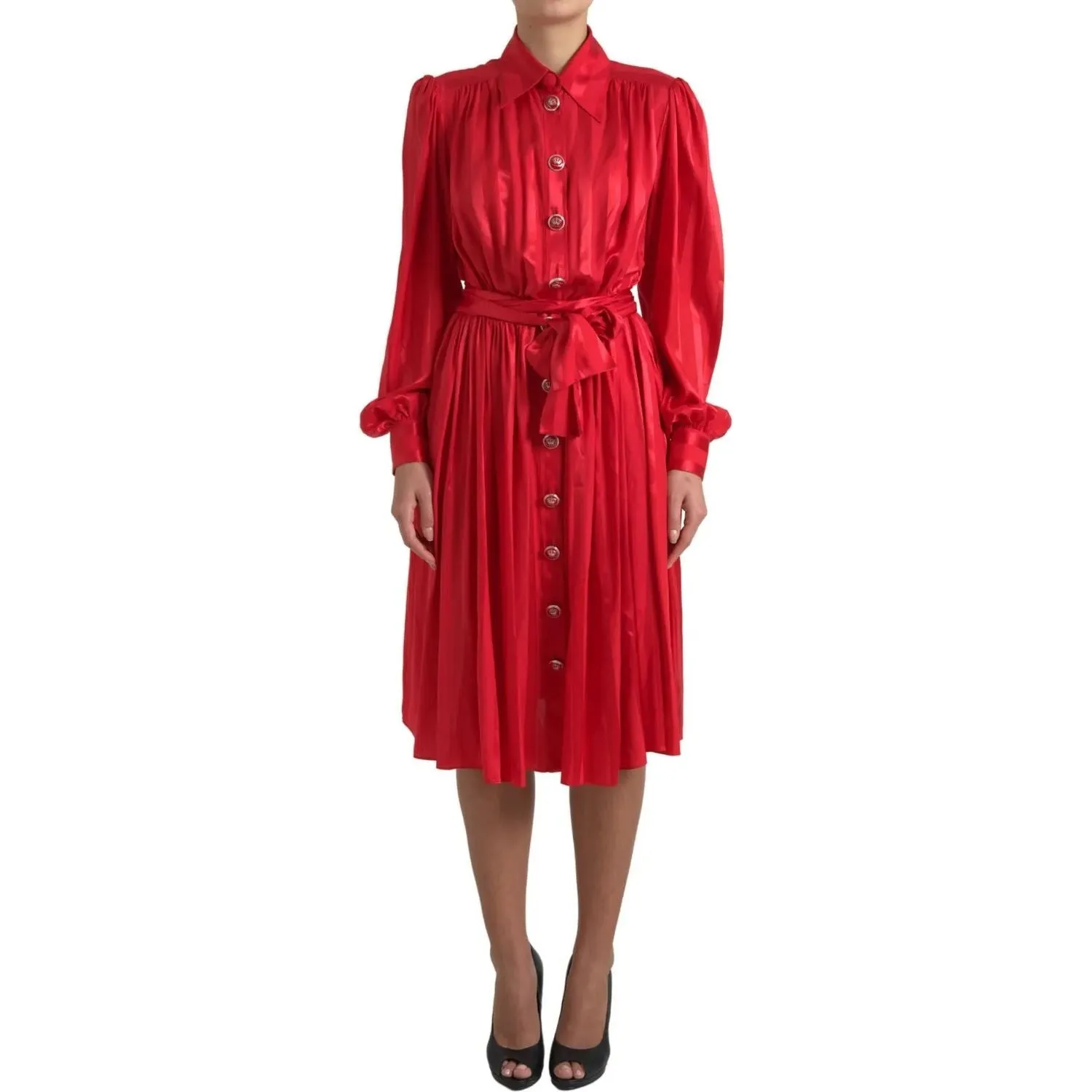 Dolce & Gabbana Elegant Red Silk Midi Dress with Button Detail