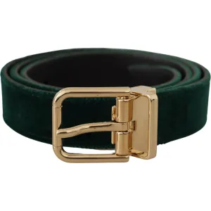 Dolce & Gabbana Emerald Velvet Designer Belt with Golden Buckle