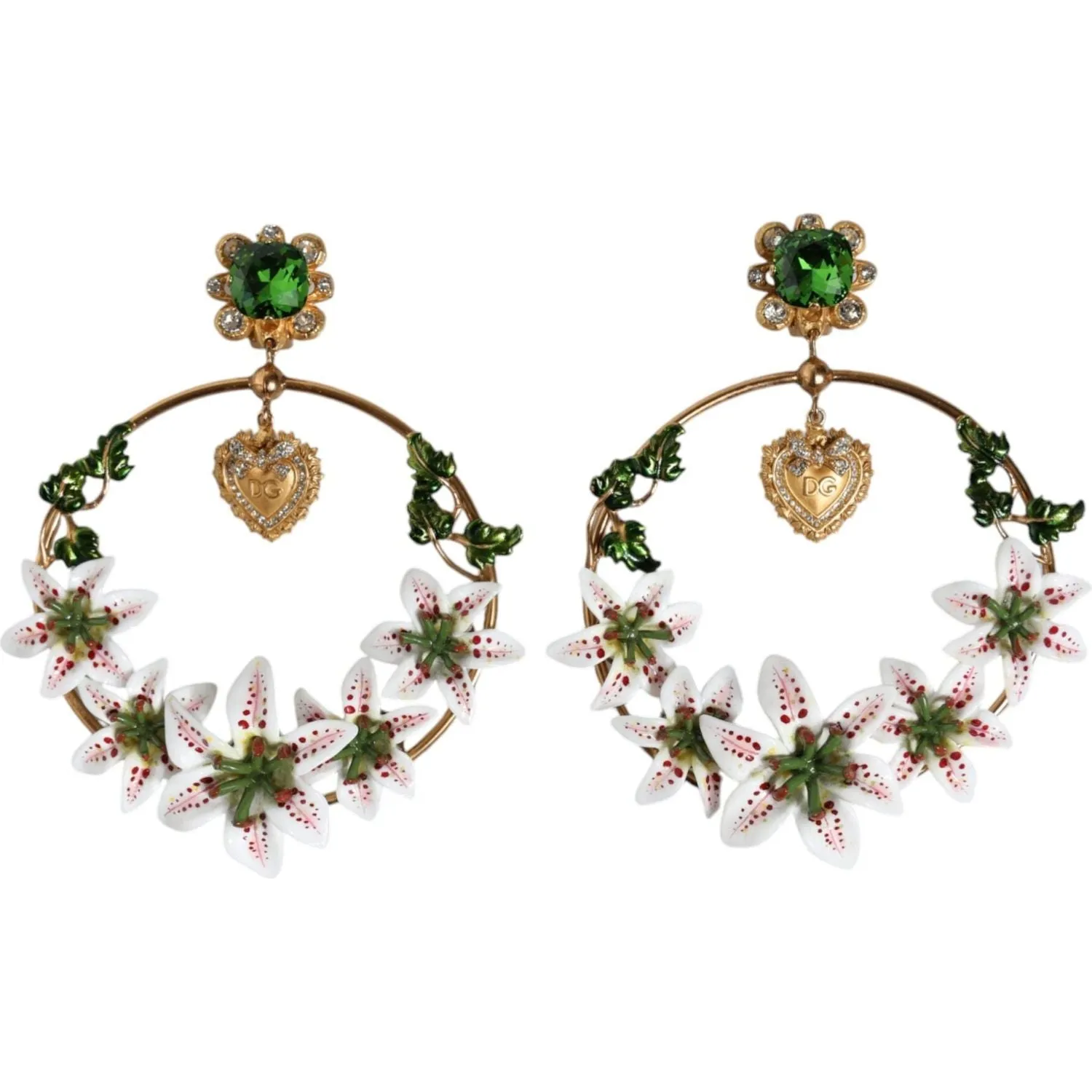 Dolce & Gabbana Gold Tone Brass Crystals Lily Resin Devotion Earrings