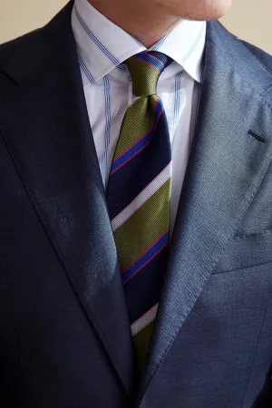 Drake's Olive/Navy with Blue/Grey/Pink Stripe Silk Tie