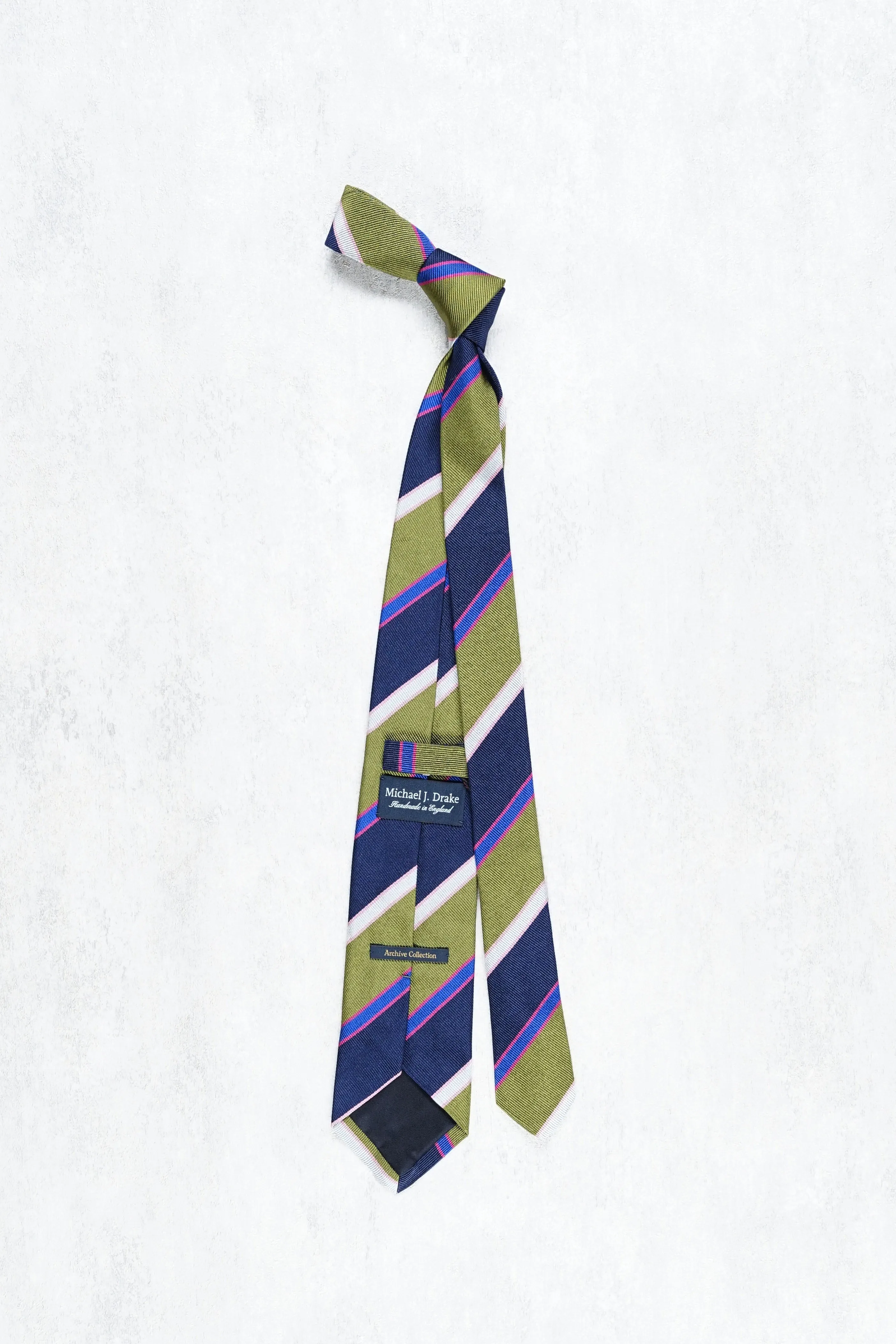 Drake's Olive/Navy with Blue/Grey/Pink Stripe Silk Tie