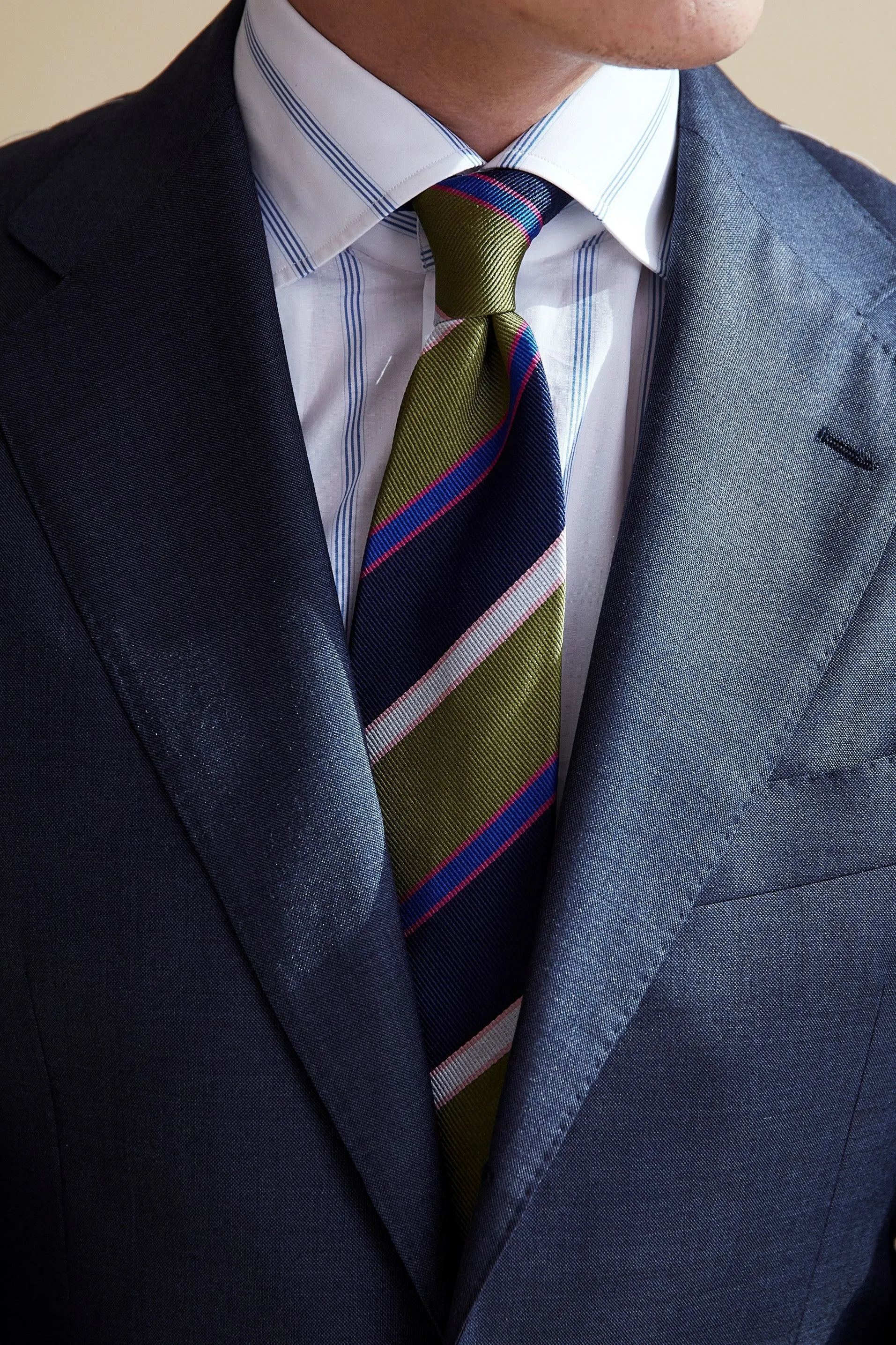 Drake's Olive/Navy with Blue/Grey/Pink Stripe Silk Tie