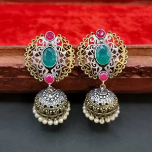 Dual Tone Oxidized Silver Jhumka Earring with ruby red  & Green stone