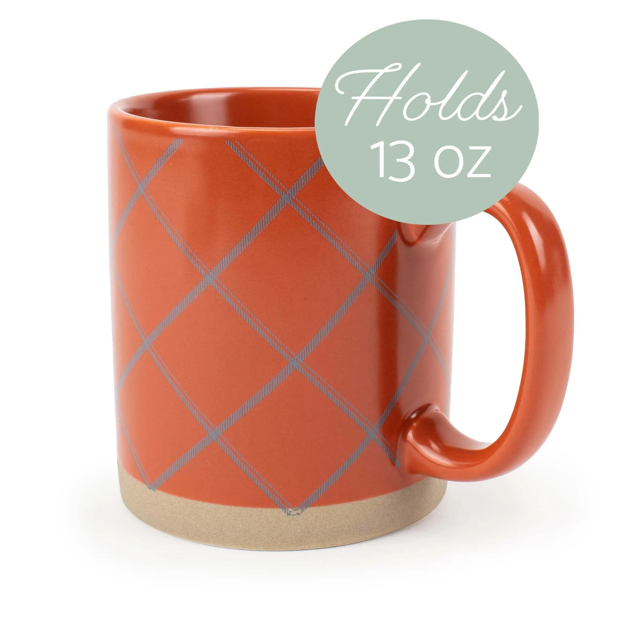 Elanze Designs Modern Plaid Raw Clay Bottom Orange 13 ounce Ceramic Coffee Mugs Set of 4