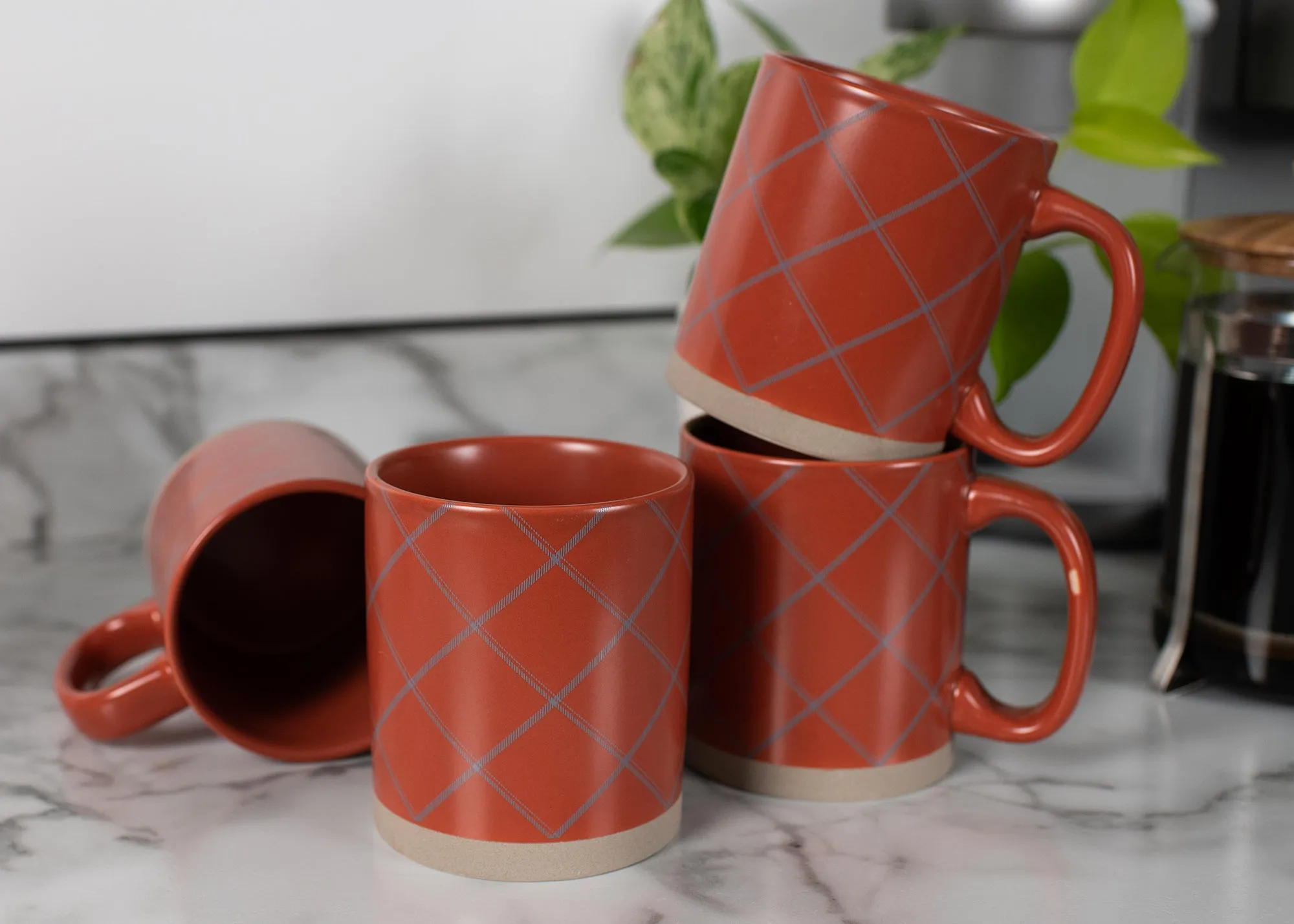 Elanze Designs Modern Plaid Raw Clay Bottom Orange 13 ounce Ceramic Coffee Mugs Set of 4