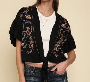 Embroidered Ruffle Short Sleeve Kimono